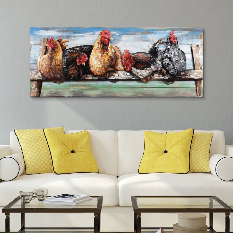 "Chickens" Handed Painted Iron Wall Sculpture on Slatted Solid Wood Wall Art