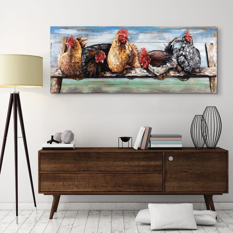 "Chickens" Handed Painted Iron Wall Sculpture on Slatted Solid Wood Wall Art