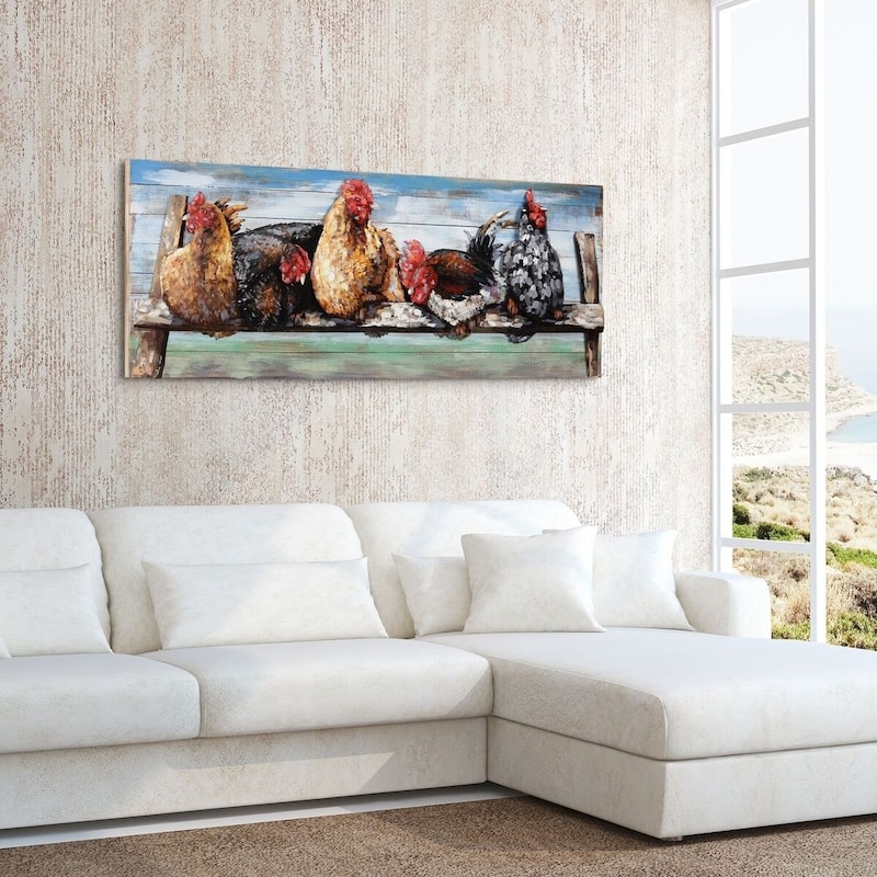 "Chickens" Handed Painted Iron Wall Sculpture on Slatted Solid Wood Wall Art