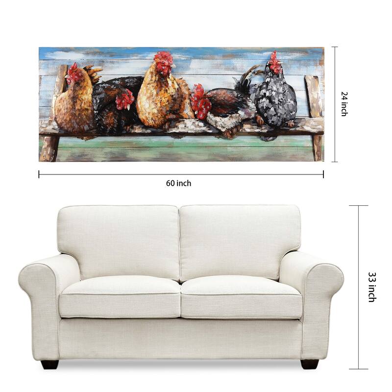 "Chickens" Handed Painted Iron Wall Sculpture on Slatted Solid Wood Wall Art