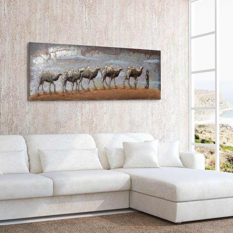 "Caravan" Camel Mixed Media Iron Hand Painted Dimensional Wall Art