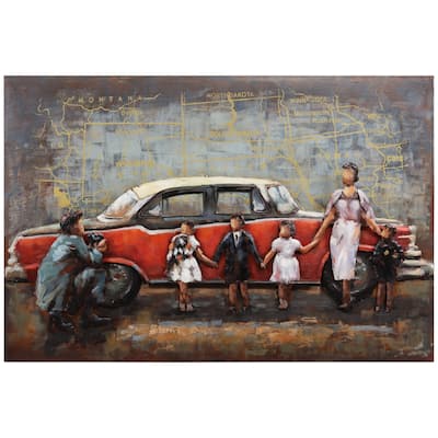 "Family Portrait" Red Car Mixed Media Iron Hand Painted Dimensional Wall Art