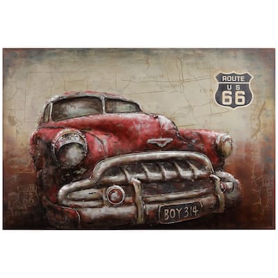 "Classic Red Car" Mixed Media Iron Hand Painted Dimensional Wall Art