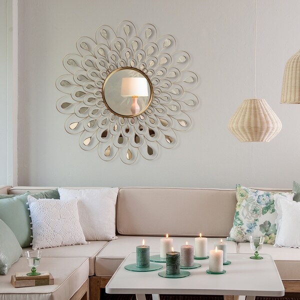 "Flower Burst" Bling Round Wall Mirror with Gold Metal Frame - Clear