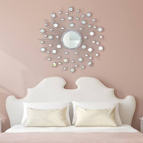 "Milkyway I" Bling Round Wall Mirror with Silver Metal Frame - Clear - 36 x 36