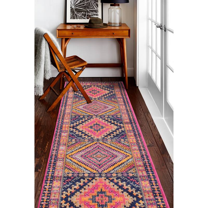 Bashian Nick Transitional Distressed Multicolor Oriental Area Rug - 2'7" x 8' Runner/Surplus - Fuchsia