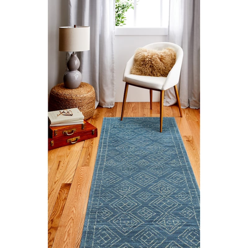 Bashian Ester Transitional Azure Geometric Hand-tufted Wool Area Rug - 2'6" x 8' Runner/Surplus - Azure