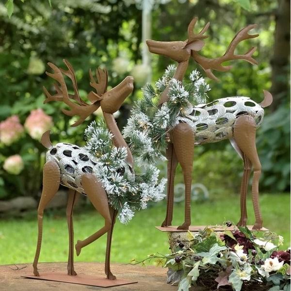 Set of 2 Iron Reindeer with Christmas Wreath and LED Lights