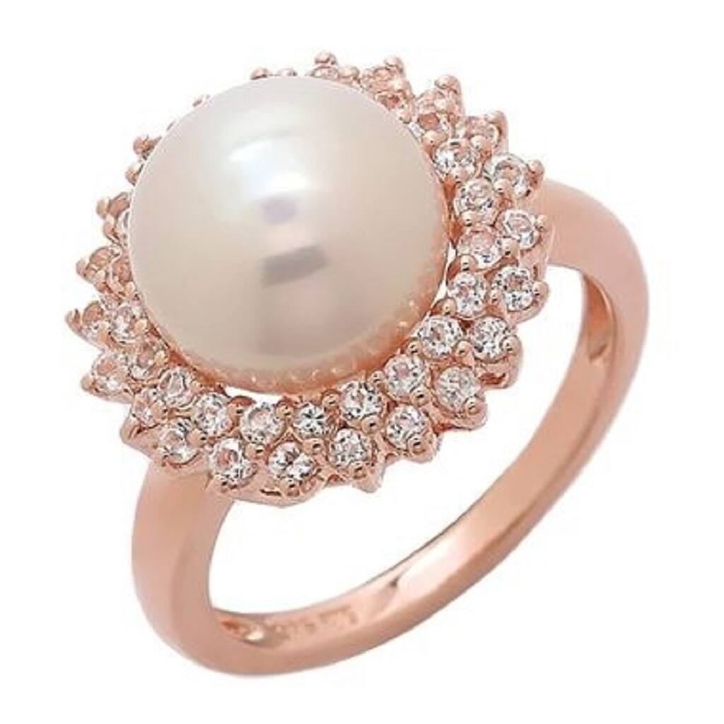 Pink Freshwater Halo Pearl Ring with two row of White Topaz in Rose Gold Plated, by Pearl Lustre