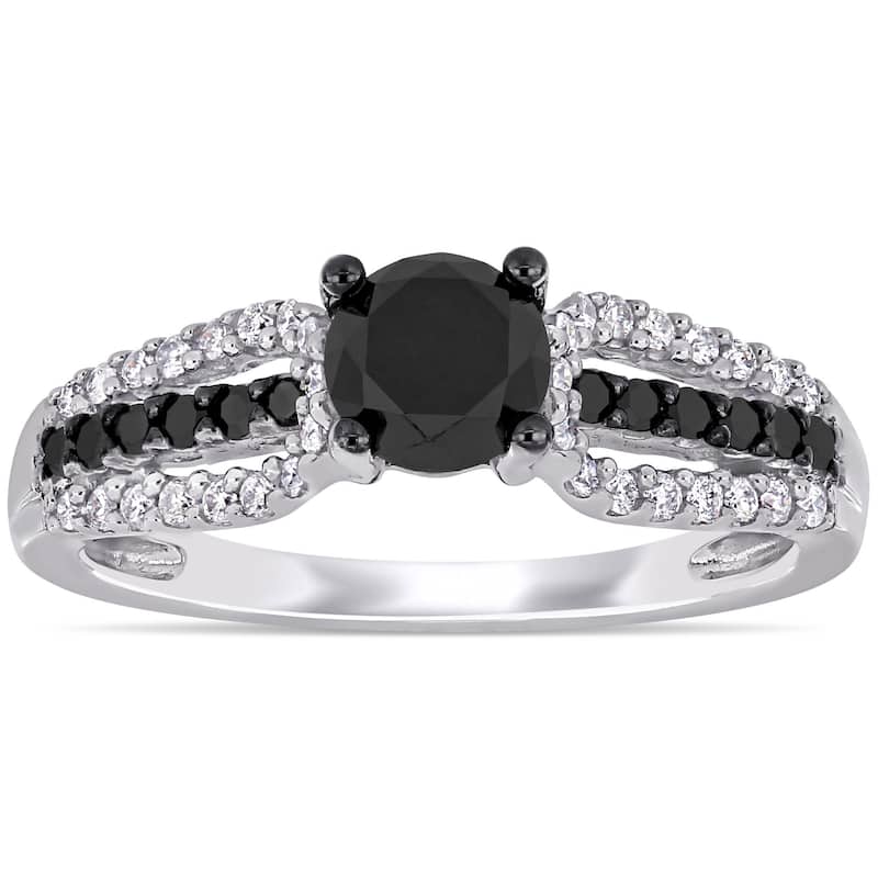 Miadora 14k White Gold 1 1/10ct TDW Black and White Diamond 3-Row Engagement Ring