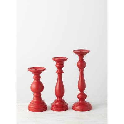 Sullivans Red Pillar Candleholders - Set of 3 - 6,5.25,5.5"L x 6,5.25,5.5"W x 16.75,14.75,12"H