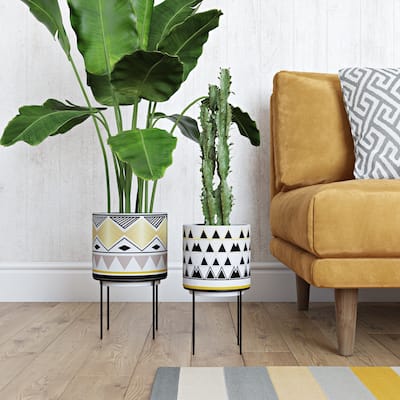 Ayaz Mid Century Modern Ceramic Planters (Set of 2) - 13"H x 8"W x 8"D / 12"H x 6.5"W x 6.5"D