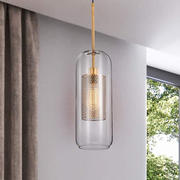 slide 2 of 8, Jamin Brass 1-light Pendant with Clear Glass Shade