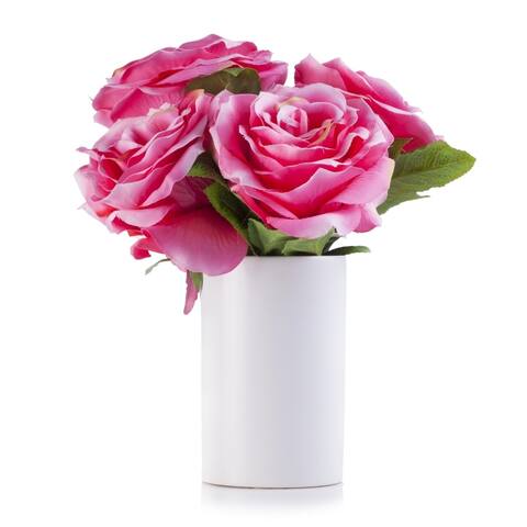 Enova Home Artificial 6 Heads Velet Roses Fake Silk Flowers Arrangement in White Ceramic Vase for Home Wedding Decoration