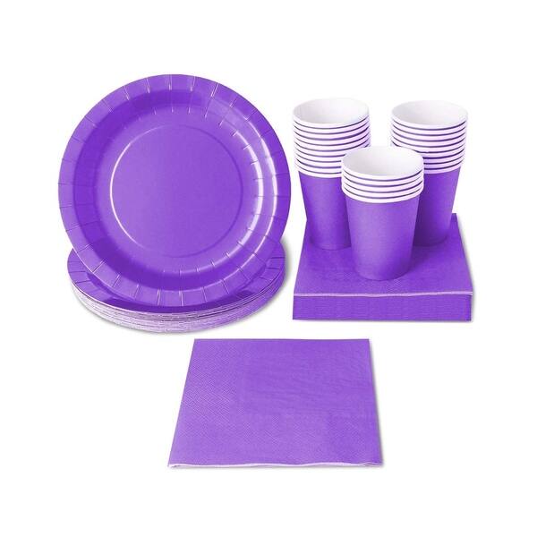 24 Set Purple Party Supplies Disposable Dinnerware with Paper Plates