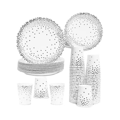 Silver Foil Dots Party Pack Set for 50 Guest, Paper Dinner Appetizer Plates Cups