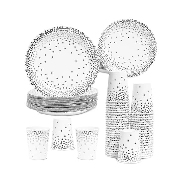 Silver Foil Dots Party Pack Set for 50 Guest, Paper Dinner Appetizer