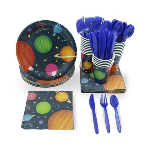 24 Set Party Disposable Dinnerware Plates Cups Napkins Knives Forks, Outer Space