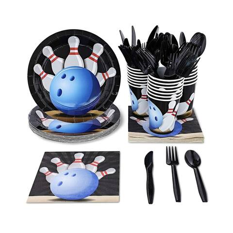 24 Set Party Disposable Dinnerware with Plates Knife Spoon Cups Napkins, Bowling
