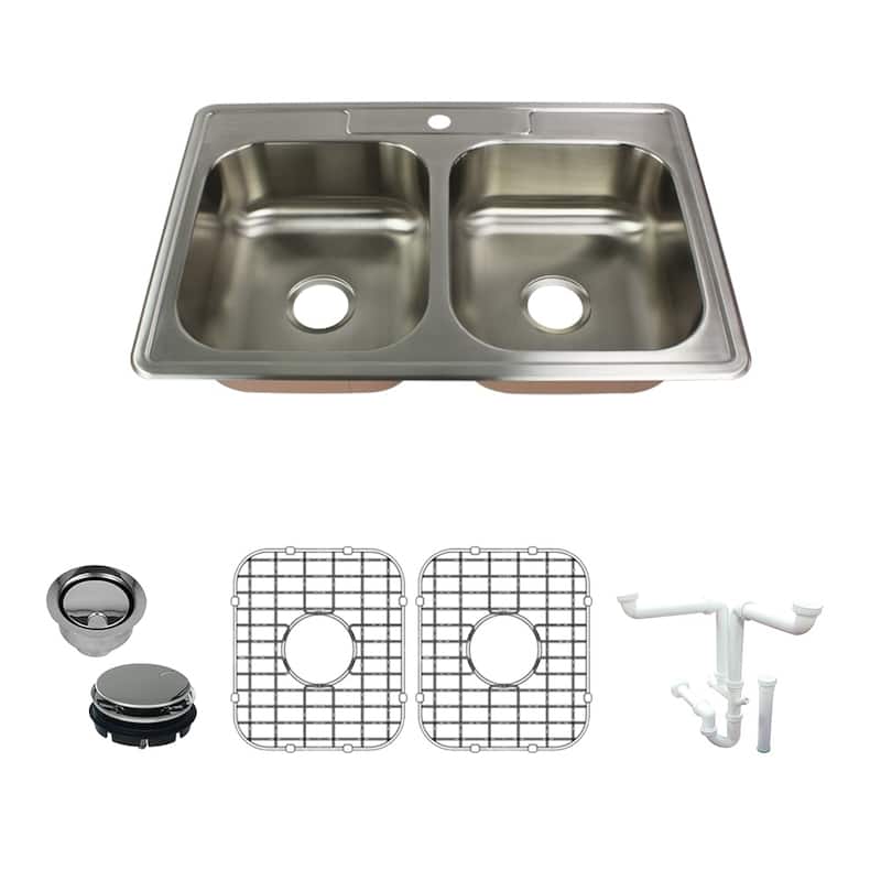 Transolid Classic 33-in 18 Gauge Drop-in Double Bowl Kitchen Sink with Grids, Strainer, Disposer Strainer, Ins