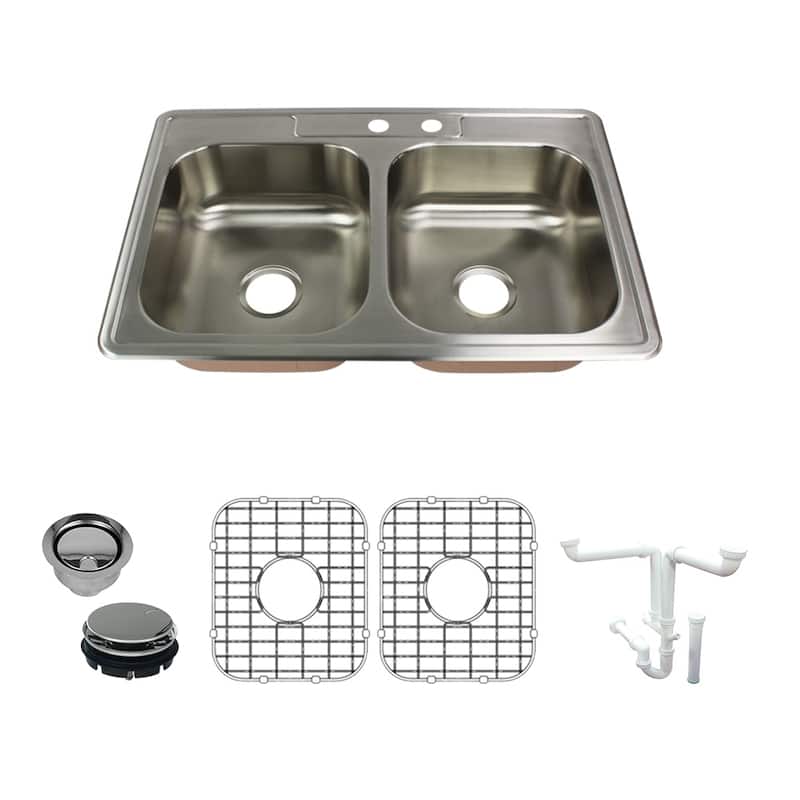Transolid Classic 33-in 18 Gauge Drop-in Double Bowl Kitchen Sink with Grids, Strainer, Disposer Strainer, Ins - 2