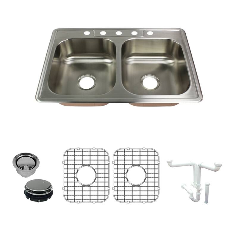 Transolid Classic 33-in 18 Gauge Drop-in Double Bowl Kitchen Sink with Grids, Strainer, Disposer Strainer, Ins - 5