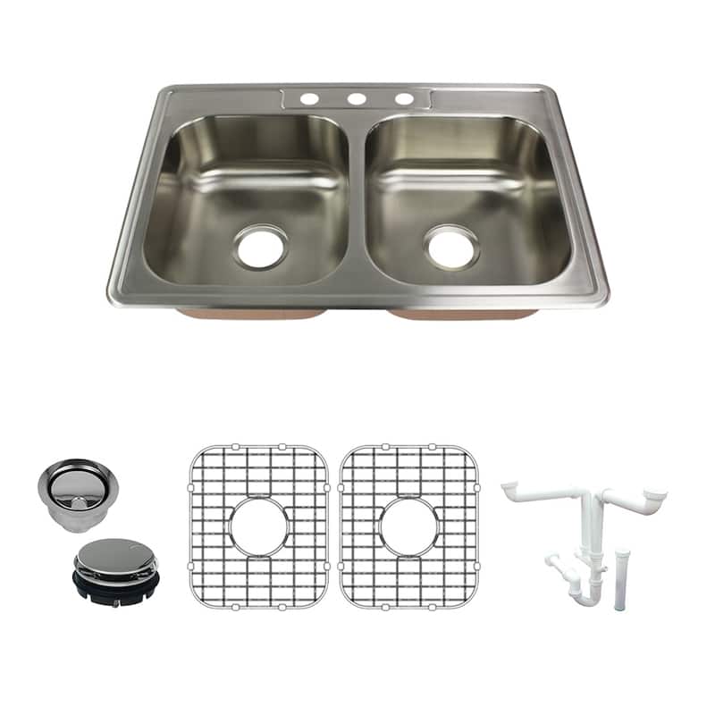 Transolid Classic 33-in 18 Gauge Drop-in Double Bowl Kitchen Sink with Grids, Strainer, Disposer Strainer, Ins - 3