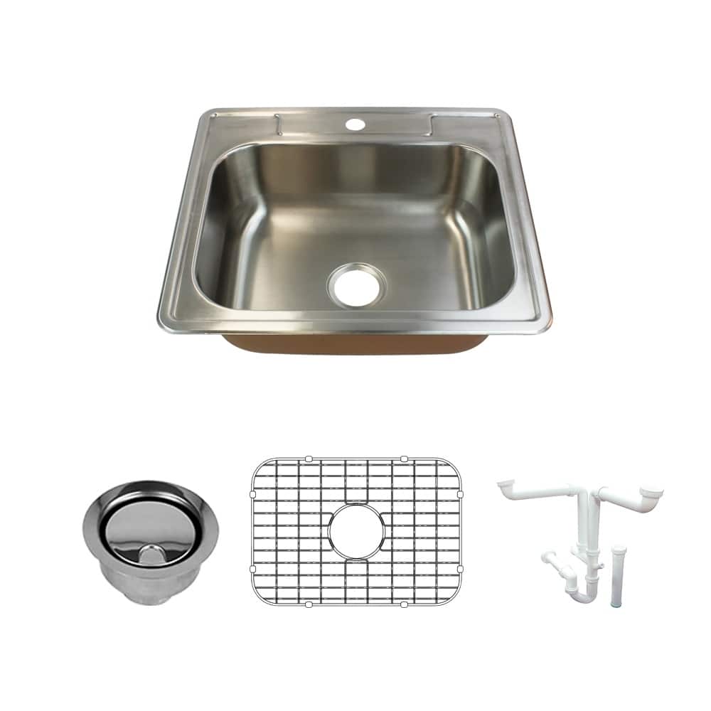 Transolid Classic 25-in 18 Gauge Drop-in Single Bowl Kitchen Sink with Grids, Strainer, Installation Kit