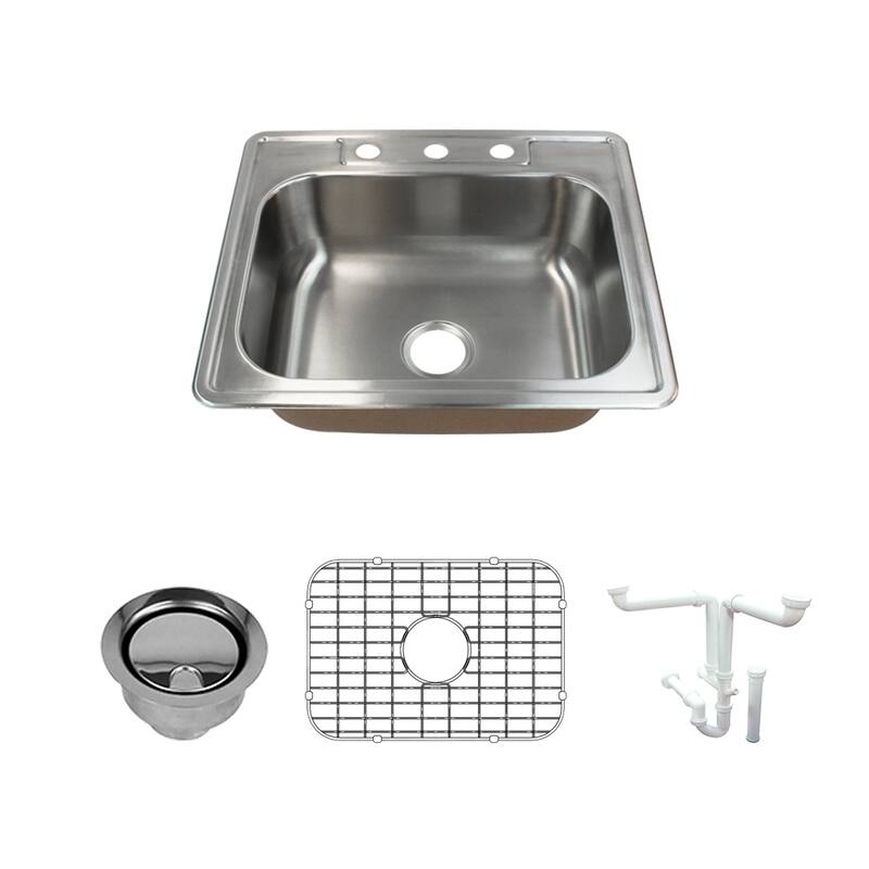 Transolid Classic 25-in 18 Gauge Drop-in Single Bowl Kitchen Sink with Grids, Strainer, Installation Kit - 3
