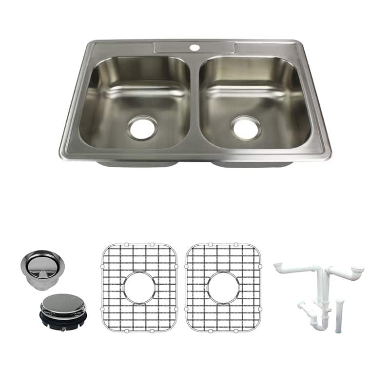 Transolid Select 33-in 20 Gauge Drop-in Double Bowl Kitchen Sink with Grids, Strainer, Disposer Strainer, Inst