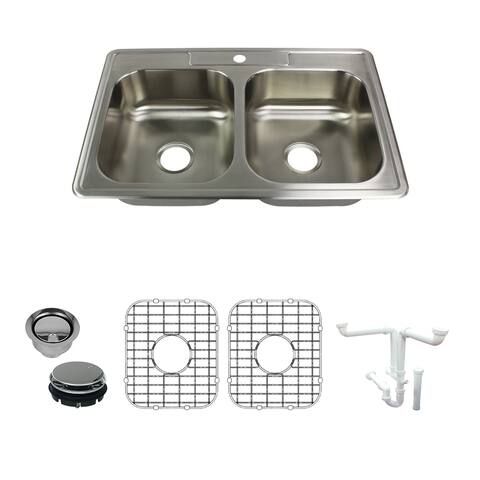 Transolid Select 33-in 20 Gauge Drop-in Double Bowl Kitchen Sink with Grids, Strainer, Disposer Strainer, Inst