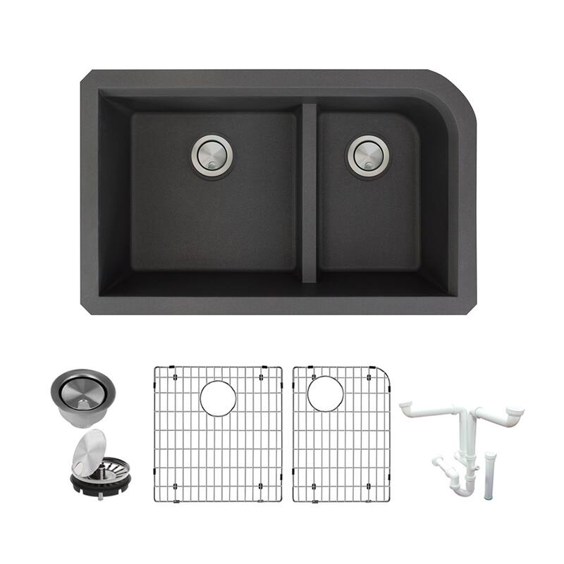 Transolid Radius Granite 31-in Undermount Kitchen Sink Kit with Grids, Strainers and Drain Installation Kit - 18" X 31.75" X 9" - Black