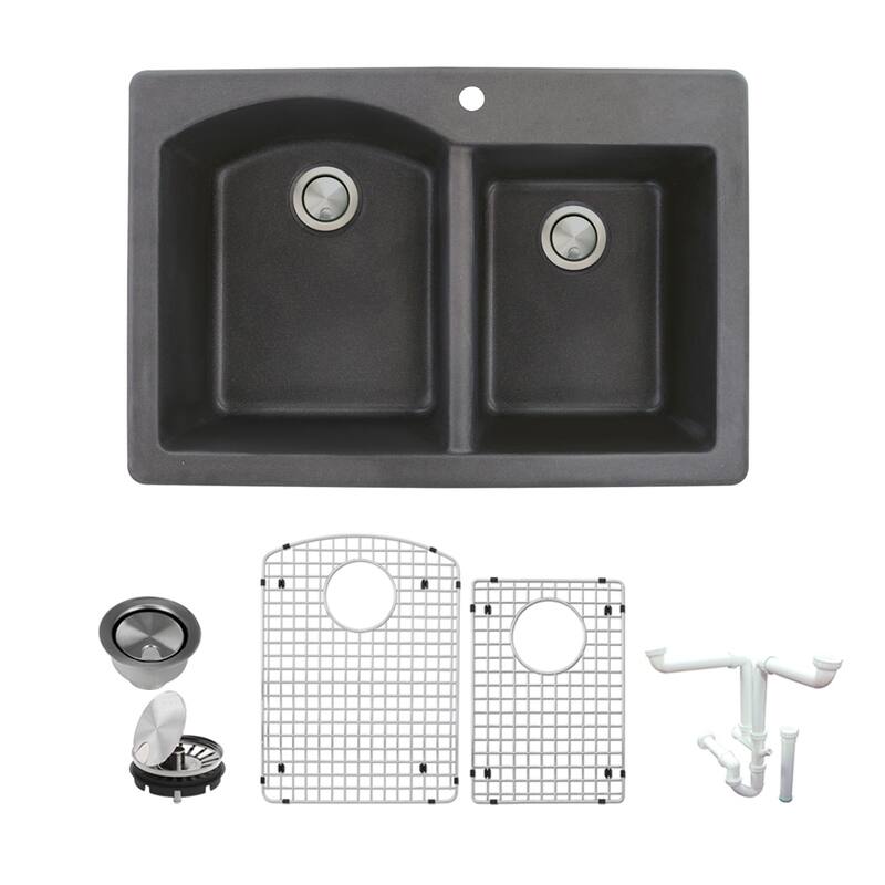 Transolid Aversa Granite 33-in Drop-In Kitchen Sink Kit with Grids, Strainers and Drain Installation Kit - 1 - Black