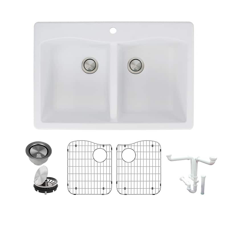Transolid Aversa Granite 33-in Drop-In Kitchen Sink Kit with Grids, Strainers and Drain Installation Kit