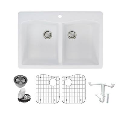 Transolid Aversa Granite 33-in Drop-In Kitchen Sink Kit with Grids, Strainers and Drain Installation Kit