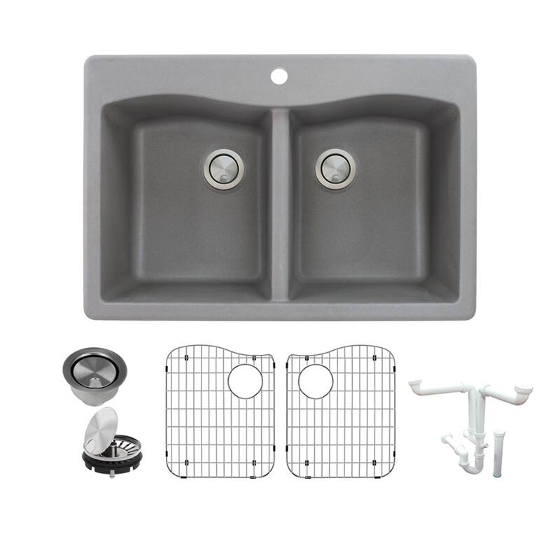 Transolid Aversa Granite 33-in Drop-In Kitchen Sink Kit with Grids, Strainers and Drain Installation Kit