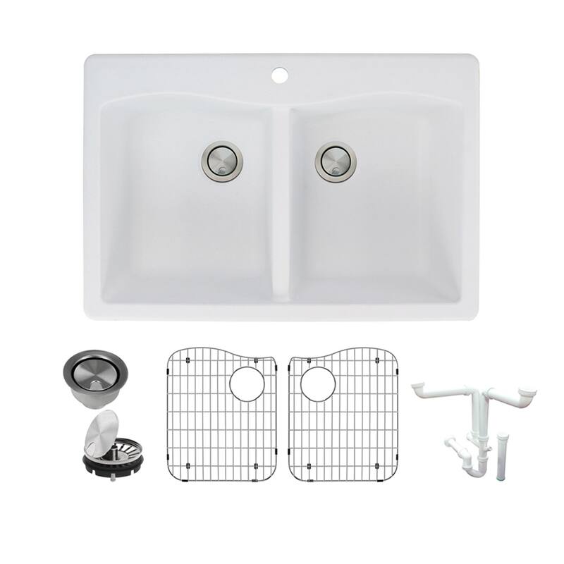 Transolid Aversa Granite 33-in Drop-In Kitchen Sink Kit with Grids, Strainers and Drain Installation Kit
