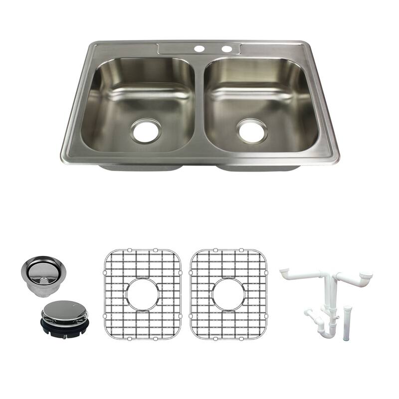Transolid Select 33-in 22 Gauge Drop-in Double Bowl Kitchen Sink with Grids, Strainer, Disposer Strainer, Inst - 2