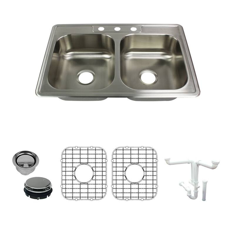 Transolid Select 33-in 22 Gauge Drop-in Double Bowl Kitchen Sink with Grids, Strainer, Disposer Strainer, Inst - 3