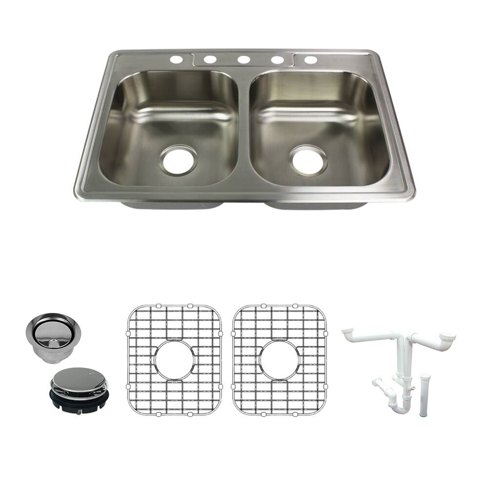Transolid Select 33-in 22 Gauge Drop-in Double Bowl Kitchen Sink with Grids, Strainer, Disposer Strainer, Inst