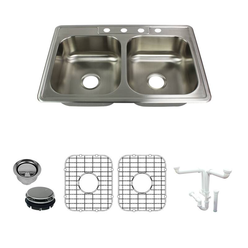Transolid Select 33-in 22 Gauge Drop-in Double Bowl Kitchen Sink with Grids, Strainer, Disposer Strainer, Inst - 4