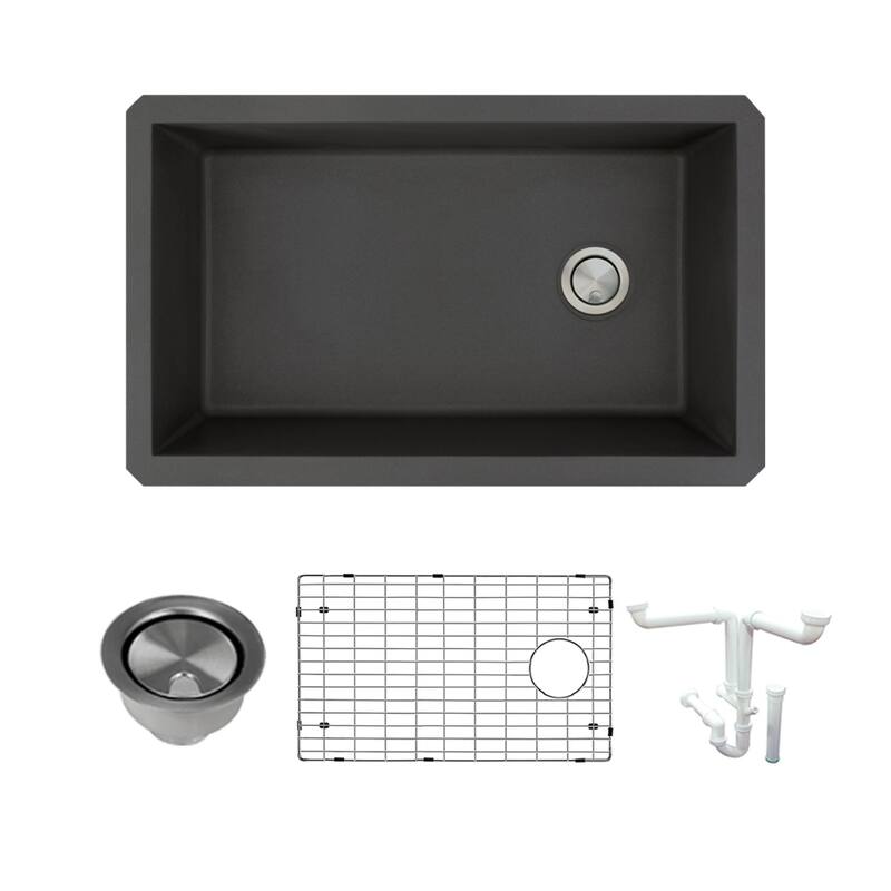 Transolid Radius Granite 31-in Undermount Kitchen Sink Kit with Grids, Strainers and Drain Installation Kit - 18" X 31.75" X 9" - Black