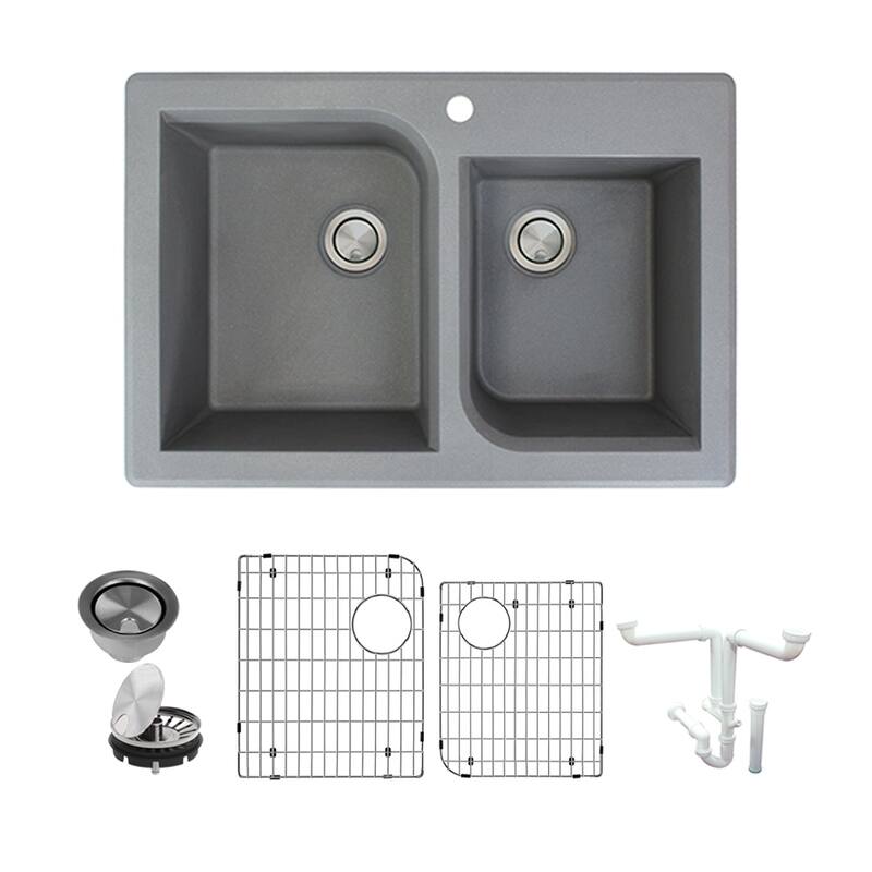Transolid Radius Granite 33-in Drop-In Kitchen Sink Kit with Grids, Strainers and Drain Installation Kit - 1 - Grey