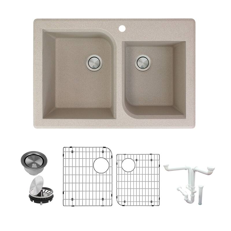 Transolid Radius Granite 33-in Drop-In Kitchen Sink Kit with Grids, Strainers and Drain Installation Kit - 1 - Cafe Latte