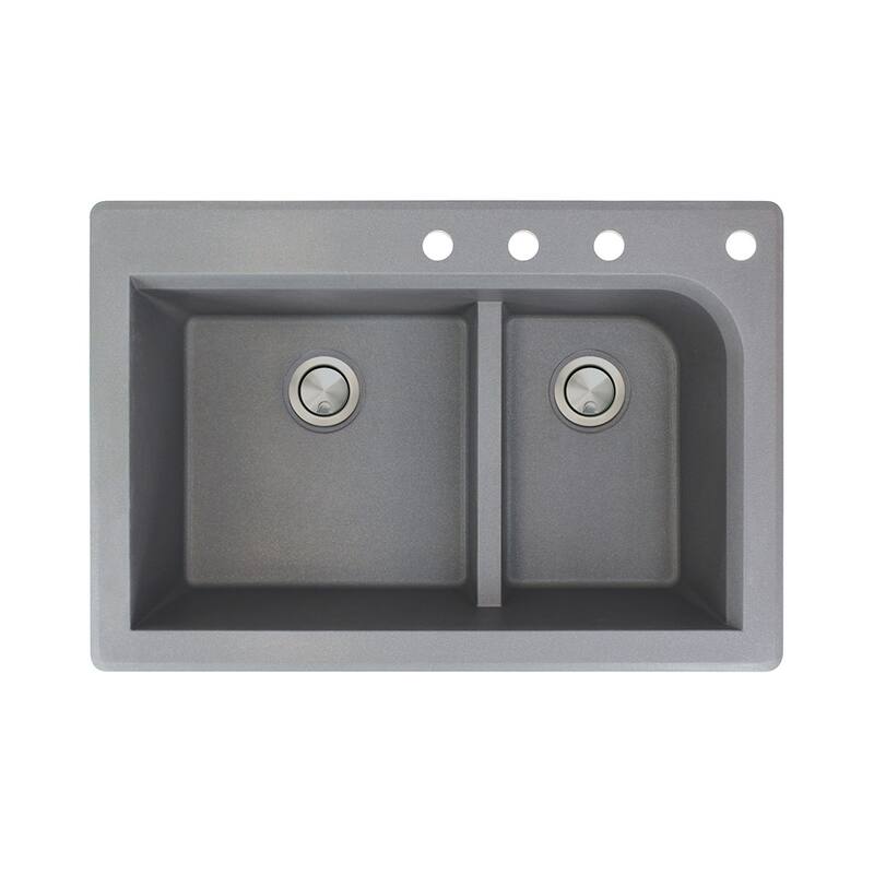 Transolid Radius 33-in silQ Granite Drop-in Double Bowl Kitchen Sink - 4 - Grey