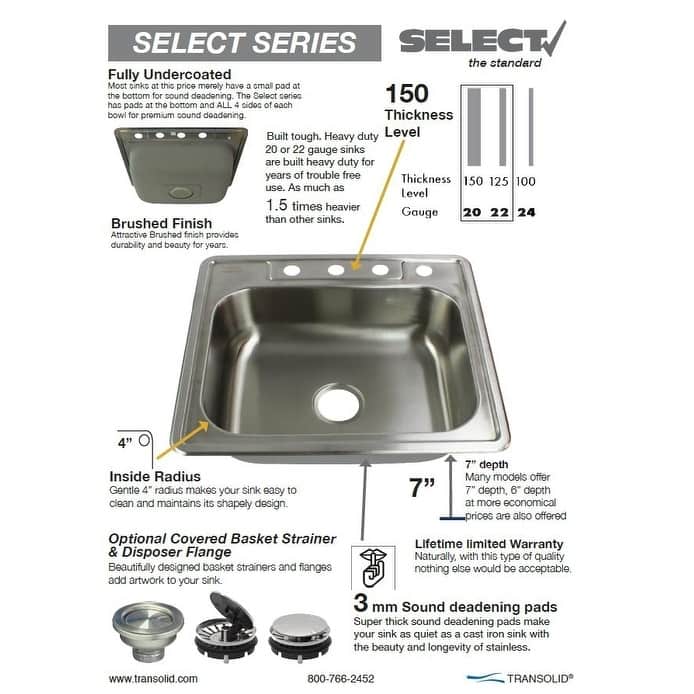 Transolid Select 25-in 22 Gauge Drop-in Single Bowl Kitchen Sink with MR2 Faucet Holes - 2