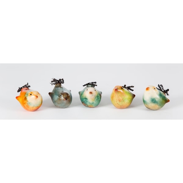 Spiral Tail Handmade Ceramic Clay Birds; Set of 5 Birds