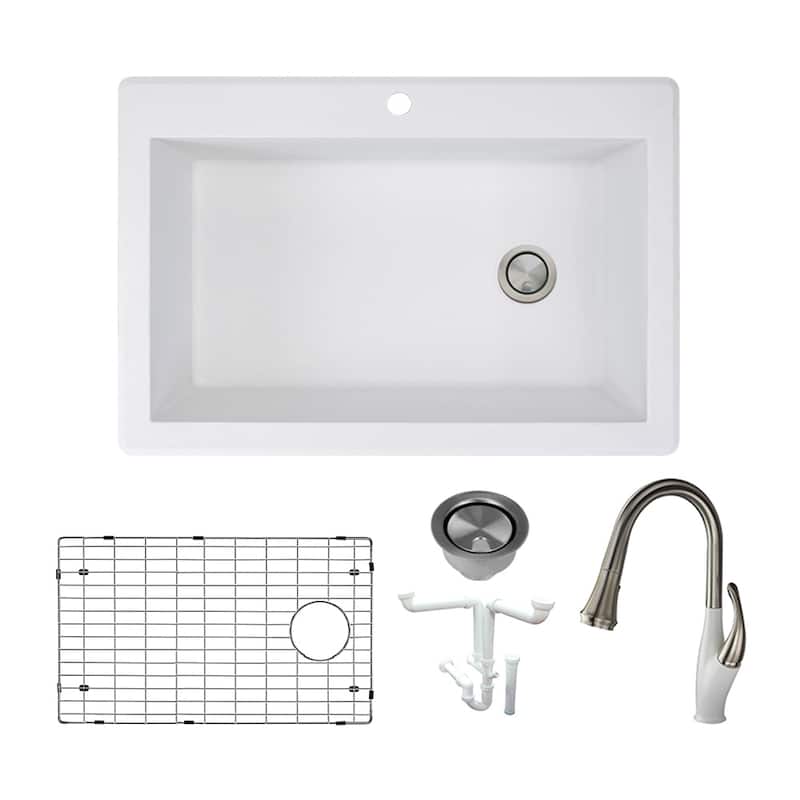 Transolid Radius Granite 33-in Drop-In Kitchen Sink Kit with Faucet, Grids, Strainers and Drain Installation Kit