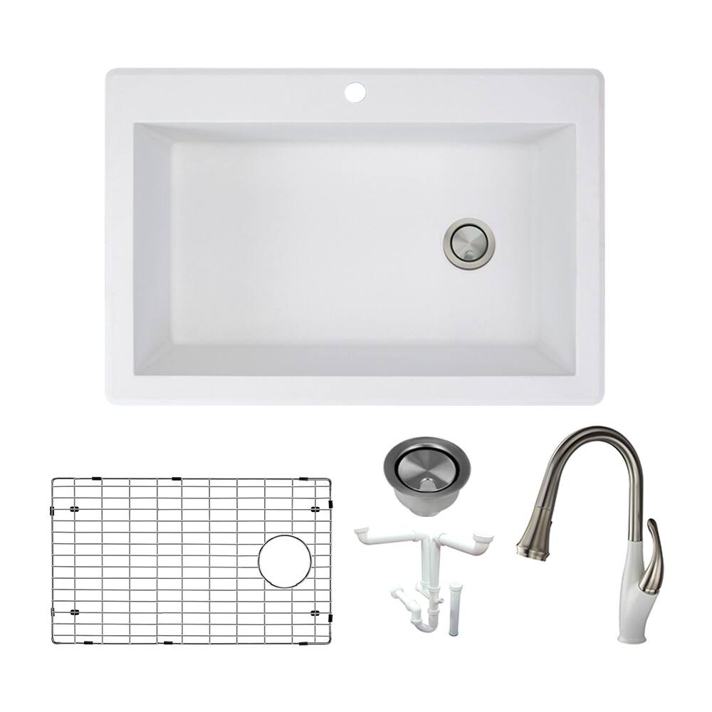 Transolid Radius Granite 33-in Drop-In Kitchen Sink Kit with Faucet, Grids, Strainers and Drain Installation Kit