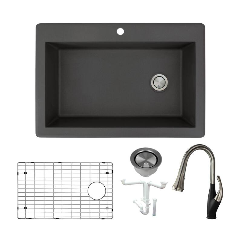 Transolid Radius Granite 33-in Drop-In Kitchen Sink Kit with Faucet, Grids, Strainers and Drain Installation Kit - Black